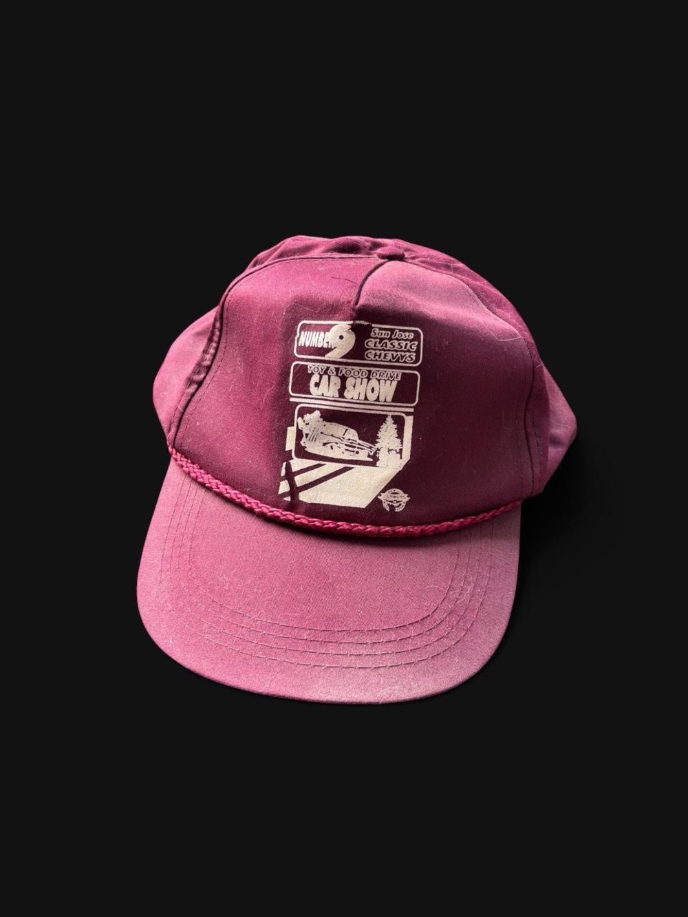 Vintage Burgundy vintage 90s baseball cap with white graphic of a train and text
